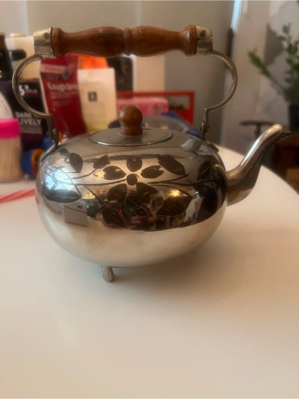Vintage Silver-Tone Floral Teapot with Wood Handle